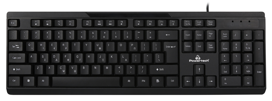 POWERTECH πληκτρολόγιο PT-1069, ενσύρματο, multimedia, EN/GR, μαύρο